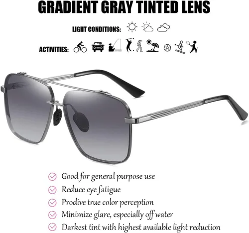 Vista 3 de ZHILE Gafas de sol cuadradas polarizadas para hombre - Marco de metal aviador de gran tamaño - Lentes de protección UV degradados