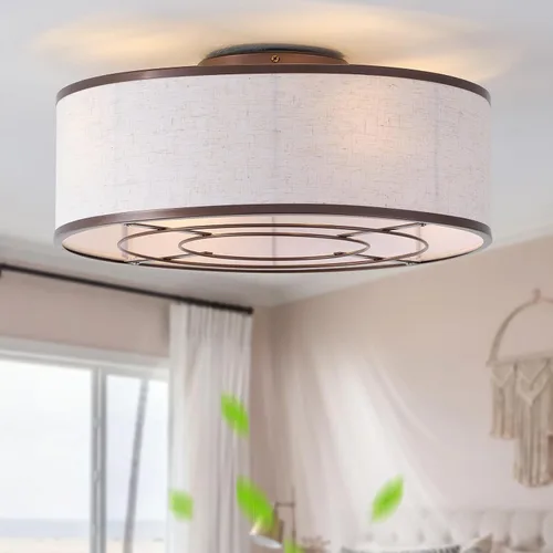 Vista 12 de Ventilador de techo bohemio de 20 pulgadas con luz, ventilador de techo enjaulado de perfil bajo, lámpara de tambor negro sin aspas con control