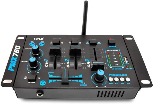 Vista 4 de Mezclador de audio DJ inalámbrico Pyle - Mezclador de sonido con controlador DJ compatible con Bluetooth de 3 canales, Mic-Talkover, lector USB