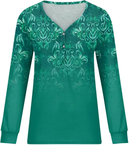 Vista 2 de Camisas para mujer, sudaderas con estampado casual de moda, camisas sueltas, cuello Henley, manga larga, con botones