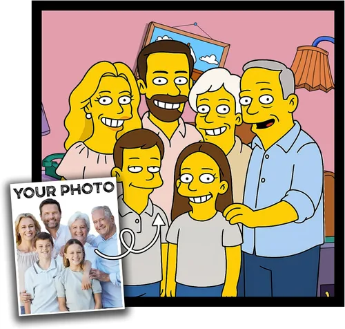 Vista 11 de Retrato personalizado estilo Los Simpsons de dibujo animado a partir de tu foto – Medio cuerpo – Prueba en 24 horas – Póster impreso o lienzo