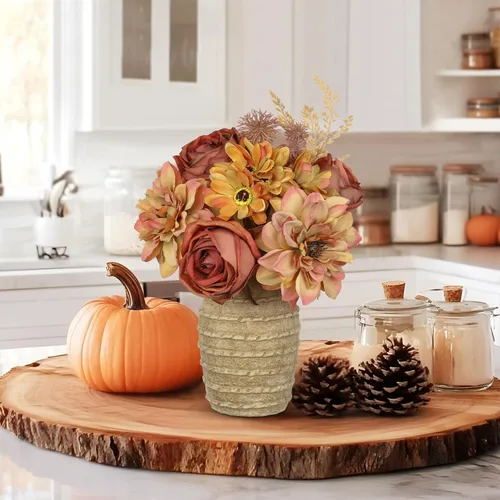 Vista 4 de Centro de mesa de otoño, flores artificiales en jarrón, arreglos florales de seda rústica con rosas y dalias, decoración de mesa de granja