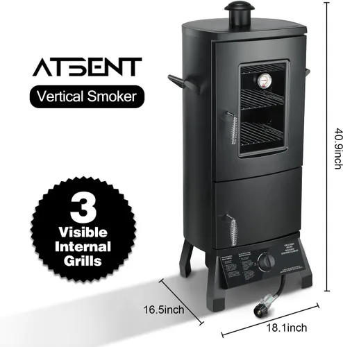 Vista 3 de Ahumador de propano, ahumador vertical con tres estantes extraíbles, parrillas al aire libre y ahumadores con termómetro para barbacoa, patio Negro