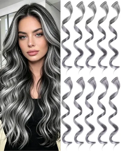 Vista 19 de 10 extensiones de cabello sintético rizado y ondulado negro con clip, reflejos de fiesta de neón arcoíris, accesorios de cabello coloridos