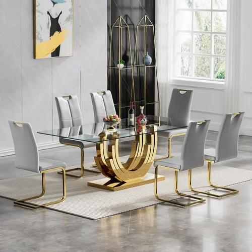 Vista 21 de Juego de mesa de comedor de cristal dorado moderno de 70 pulgadas para 4, juego de mesa rectangular de 5 piezas con base de acero en forma de anillo