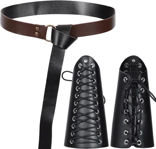 Vista 20 de Cinturón de cuero de caballero medieval para hombre, chal renacentista, capa de medio hombro, bufanda, brazaletes con hebilla, accesorios retro