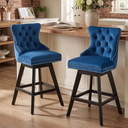 Vista 271 de SoarFlash Juego de 2 taburetes de bar tapizados de terciopelo moderno con patas de madera, botones acolchados, cabeza de clavo cromada, asiento