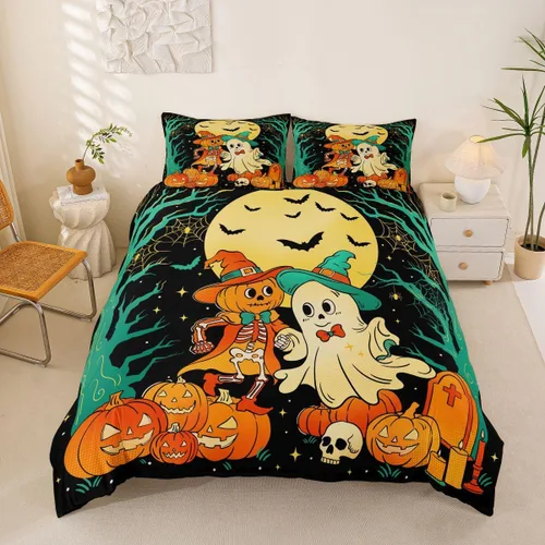 Vista 46 de Erosebridal Halloween Castle Pumpkin Duvet Cover Set Spooky Floral Cartoon Twin Bedding Sets for Girls Kids Boys Vintage Spooky Comforter Cover