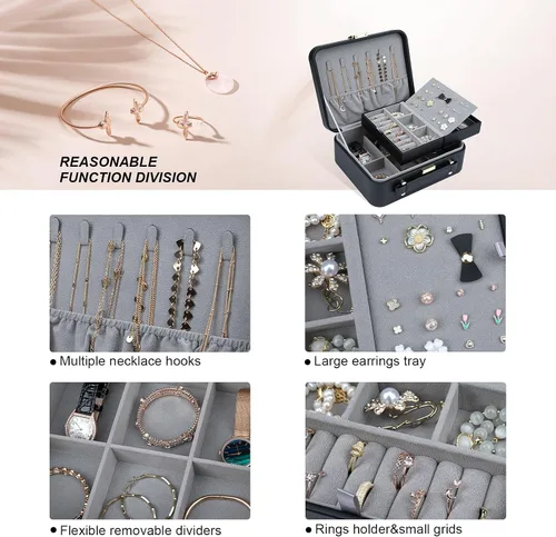 Vista 4 de V-LAFUY Joyero para mujer, organizador de joyas de viaje con bandeja de joyería para anillos, aretes, collares, pulseras y relojes, color negro