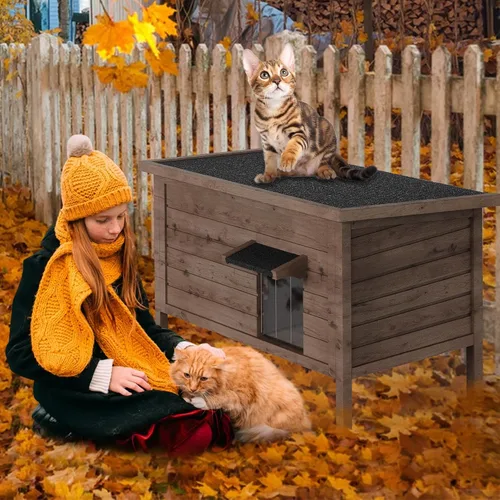 Vista 6 de Casa para gatos al aire libre, refugio para gatos totalmente aislado exterior de madera para múltiples gatos, condominios callejeros, granero, gato