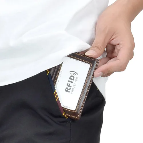 Vista 6 de HAWEE Billetera de bolsillo frontal plegable para hombre, de piel auténtica, con bloqueo RFID, tarjetero