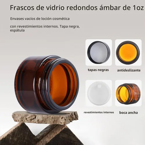Vista 3 de OverNews Frasco de vidrio ámbar de 1 oz, envases vacíos de loción cosmética, con forros internos, tapa negra, espátula