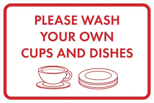 Vista 44 de Letrero clásico enmarcado con texto en inglés «Please Wash Your Own Cups and Dishes» (negro)