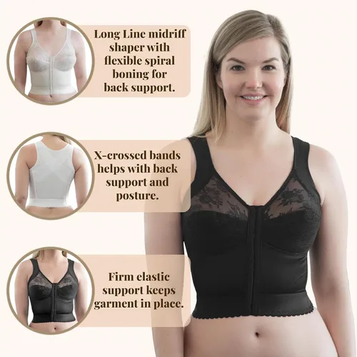 Vista 4 de Front Closure Longline Bra 9603 Made in USA Wire-Free Comfort w/Back Support Soft Cups Everyday Confidence 34B–58H Negro