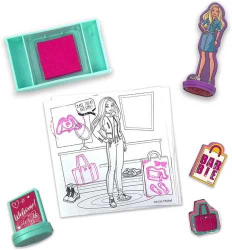 Vista 3 de Barbie Juego de sellos de boutique, sellos creativos para que los niños exploren la imaginación y el diseño, kit de sellos aptos para niños
