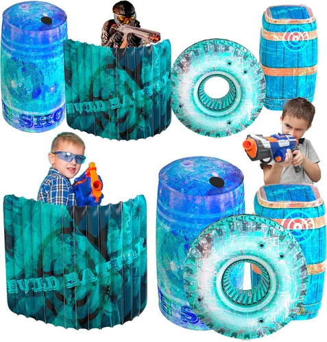 Vista 11 de Skywin Bunkers inflables de batalla, juego de obstáculos de combate de 4 piezas para juego y etiqueta láser (azul) Obstáculo inflable