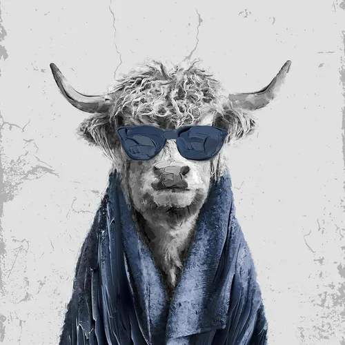 Vista 4 de Arte de pared divertido de vaca de las tierras altas enmarcado para baño, 4 piezas de divertidos animales, impresiones artísticas azul marino, linda