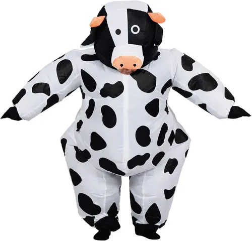 Vista 4 de JYZCOS Disfraz inflable de vaca para adultos divertido traje de animal de granja disfraz de Halloween y cosplay tamaño adulto Vaca negra
