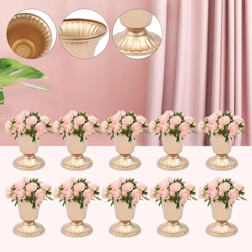Vista 3 de 10 jarrones dorados para centros de mesa, decoración de mesa de boda para recepción, soporte de flores para el hogar, ceremonia, eventos de Navidad