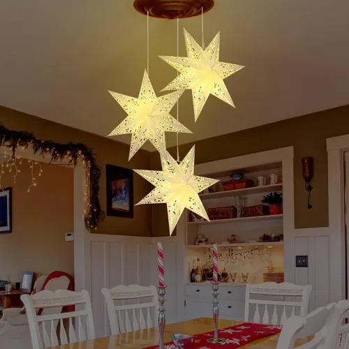 Vista 5 de 3 Piezas Faroles de Papel de Navidad de 20 Pulgadas con Forma de Estrella Decorativos de 7 Puntas de Papel Blanco con 6 Piezas de Luces LED
