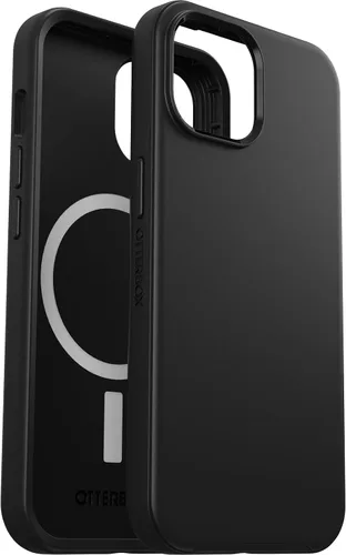 Vista 6 de OtterBox Funda para iPhone 16e, 15, 14 y 13 de la serie Symmetry, color negro, se ajusta a MagSafe, ultra suave, bordes elevados para proteger