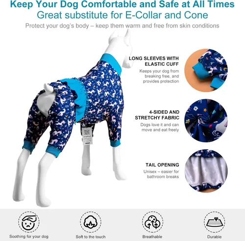 Vista 5 de LovinPet Pijamas Grandes para Perros – Camisa de unicornio para perro, mameluco de recuperación poscirugía, sirenas y unicornios estampado Azul