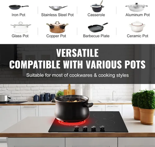 Vista 5 de VEVOR Placa de cocina eléctrica de cerámica, estufa eléctrica empotrada, con panel de vidrio, control de perilla, 11 niveles de calor, para diversos