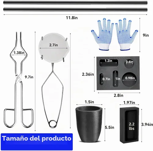 Vista 4 de Kit de fundición de soplete de grafito de 9 piezas, incluye molde de lingote de fundición, crisol de grafito, 2 varillas de agitación, taza