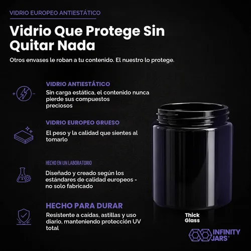Vista 4 de Infinity Jars – Tarro de 250 ml (8.3 fl oz) alto negro ultravioleta rellenable de cristal con tapón de rosca