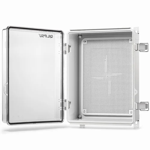 Vista 29 de QILIPSU - Caja de conexiones de acero inoxidable con tapa, bisagras y placa de montaje, universal, impermeable IP67, plástico ABS, gris, recinto