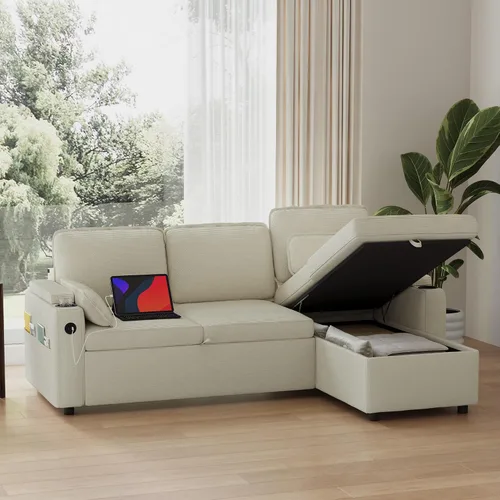 Vista 12 de Wrofly - Sofá cama de felpilla 3 en 1, sofá biplaza extraíble, beige y blanco Blanco beige