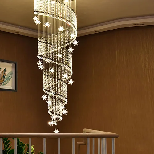 Vista 4 de Moderna lámpara colgante de cristal K9 con forma de gota de lluvia en espiral de cristal, lámpara colgante para sala de estar, hotel, escaleras