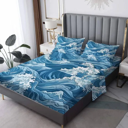 Vista 11 de Juego de sábanas de 3 piezas con diseño de mar y puesta de sol, tamaño individual, juego de sábanas y fundas de almohada estampadas de microfibra