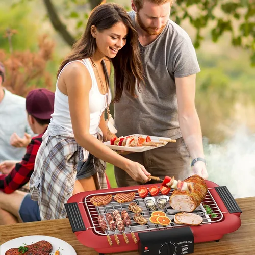 Vista 6 de Parrilla eléctrica para barbacoa, sin humo, antiadherente para interiores y exteriores, 2000 W, doble tubo de alta potencia, portátil, extraíble