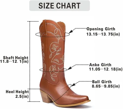 Vista 4 de GOSERCE Botas vaqueras para mujer, botas vaqueras a media pantorrilla, bordado floral, punta puntiaguda, tacón grueso, 2.5 pulgadas, de moda