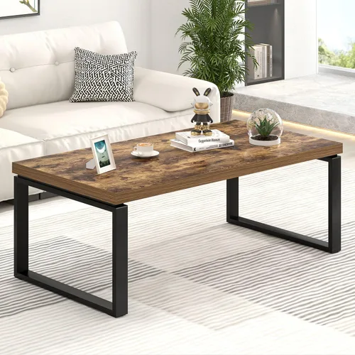 Vista 10 de EXCEFUR - Mesa de café moderna negra, mesa de centro industrial de madera y metal para sala de estar, mesa de té y cóctel rectangular, roble negro