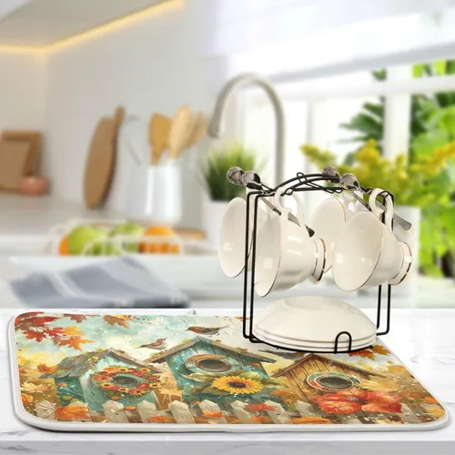 Vista 5 de Tapete de secado de platos de 16 x 18 pulgadas para encimera de cocina, hojas de arce y hojas de arce, tapete de microfibra reversible para secar