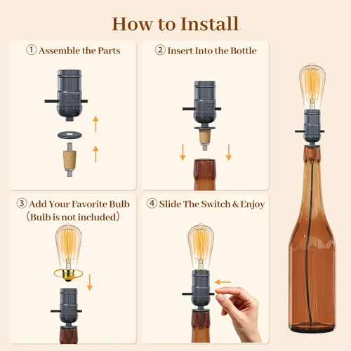 Vista 5 de Kit de lámpara de botella Aokpsrt con broca de vidrio de 9mm DIY Kit de lámpara para botellas de licor con enchufe deslizante y cable