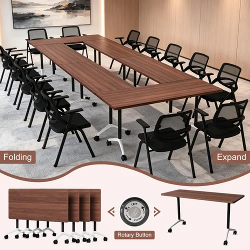 Vista 4 de 6 Pack Folding Conference Tables,55.1" Mobile Training Tables Walnut
