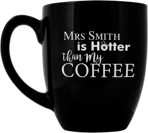Vista 8 de PlaqueMaker Taza de café Bistro de cerámica personalizada, texto grabado con láser, 16 onzas (negro)