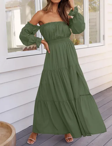 Vista 74 de ZESICA - Vestido largo, bohemio y sexy, con hombros descubiertos y manga larga fruncida, con elástico fruncido, cintura alta y abertura lateral
