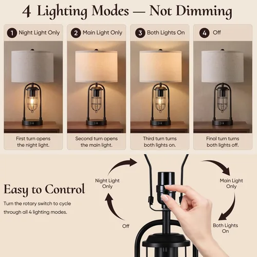Vista 3 de Juego de 2 lámparas de mesa de granja con puertos USB y luz nocturna, lámpara moderna para mesita de noche para sala de estar y dormitorio