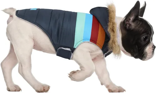Vista 15 de HDE Chaqueta acolchada para perro, con forro polar, abrigo de invierno cálido para perro con agujero para arnés a rayas rosas, talla S Raya rosa