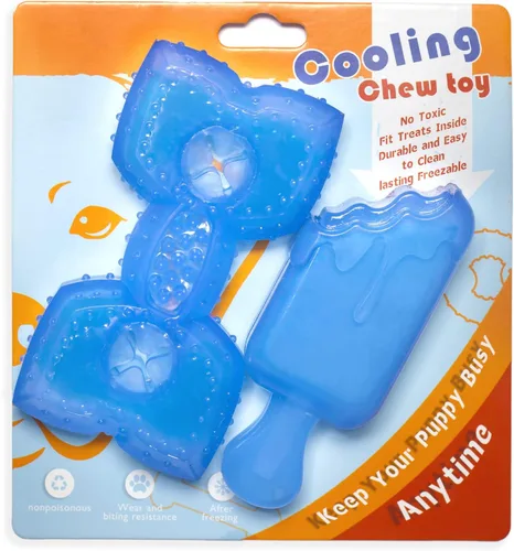 Vista 7 de Juguete de dentición congelable para cachorros, 1 anillo de dentición + 1 hueso de dentición congelable para perros juguetes masticables (azul)