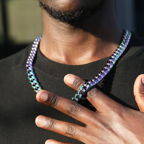 Vista 8 de Rowin&Co Mens Chunky Miami Cuban Link Chain - Rainbow Multicolor Stainless Steel Curb Necklace, Nickel-free, Colorful Chains, Hip Hop Jewelry Choker