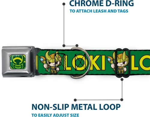 Vista 5 de Buckle-Down Collar de perro hebilla kawaii Loki pie pose texto verde amarillo multicolor, 1 pulgada de ancho - se adapta a cuello de 9-15 pulgadas