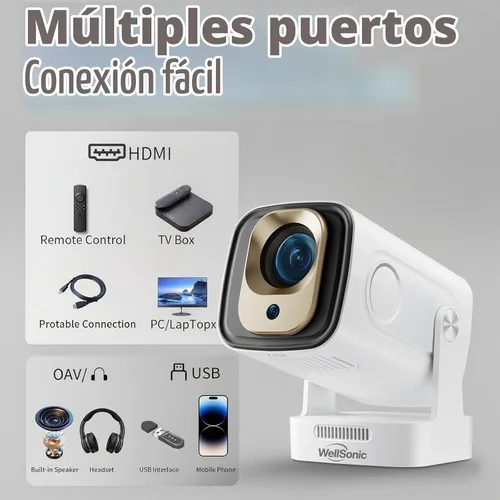 Vista 6 de Mini proyector con WiFi y Bluetooth, proyector portátil de 260 Ansi Proyector de película nativo 1080P, Keystone automático, altavoz de 5 W, soporte