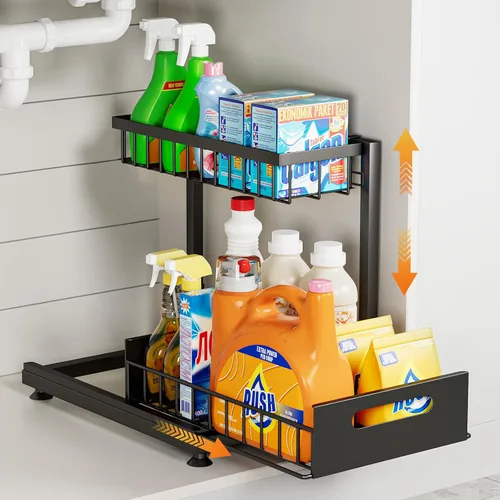 Vista 18 de Saydear Organizador de almacenamiento para debajo del fregadero, organizador de armario de cocina extraíble de 2 niveles con cajón deslizante, Negro