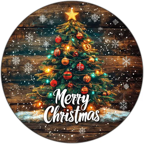 Vista 24 de Letrero redondo de metal rústico para decoración de pared, placa de decoración de pared con texto en inglés "Merry Christmas" azul y plateado