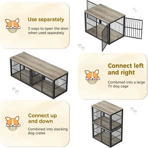 Vista 4 de Lyromix Mueble apilable para perros de 43 pulgadas, para razas grandes con habitaciones dobles, jaula de madera para perros, perrera resistente